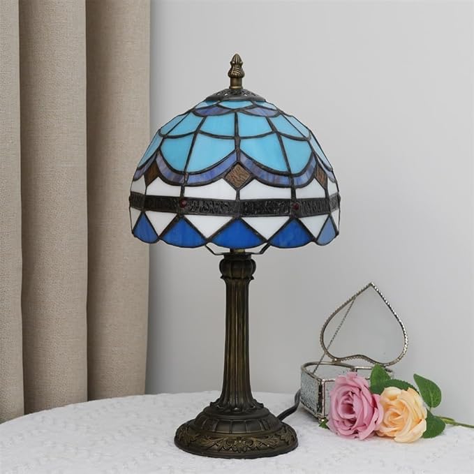Tiffany Lamp 8 Inch Small Stained Glass Table Lamp Blue Mediterranean Handmade Warm Reading Bedside Lamp Dining Room Bedroom Living Room Office Study Tiffany Style Retro Home Decoration Crafts（feath） - Bloomnest