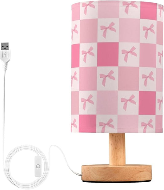 Pink Bows Gingham LED Table Lamp with USB Port Night Light Bedroom Lamps for Nightstand Living Room Dorm Home Office Desk - Bloomnest