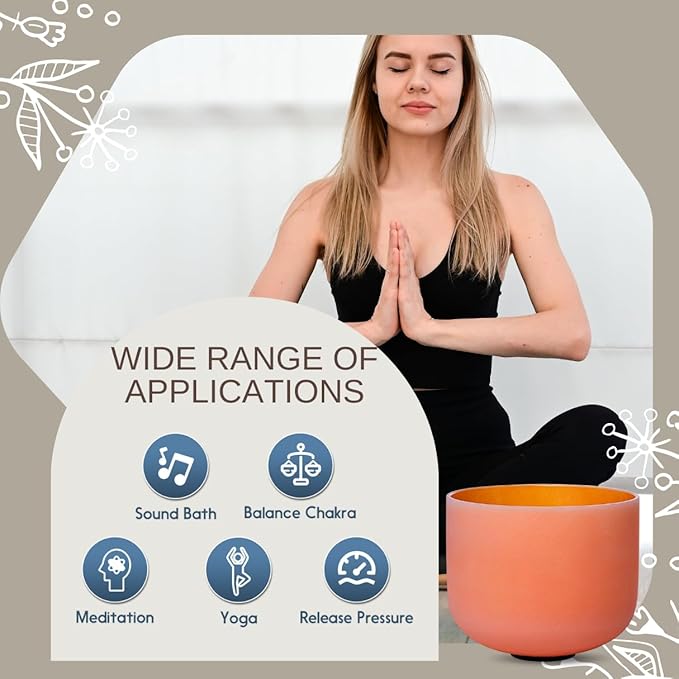 Orange D Note Sacral Chakra 8 inch Quartz Crystal Singing Bowl, for Healing Mindfulness Meditation Yoga Sound Baths, with Case Rubber Mallet - Bloomnest