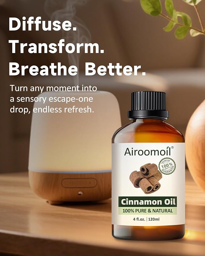 Cinnamon Essential Oil, 100% Pure Natural Cinnamon Oil, Large 4 fl oz / 120 ml for Diffusers, DIY Candles, Soaps, Bath Bombs, Aromatherapy, Gentle Cozy Aroma for Home & Holiday Scents Airoomoil