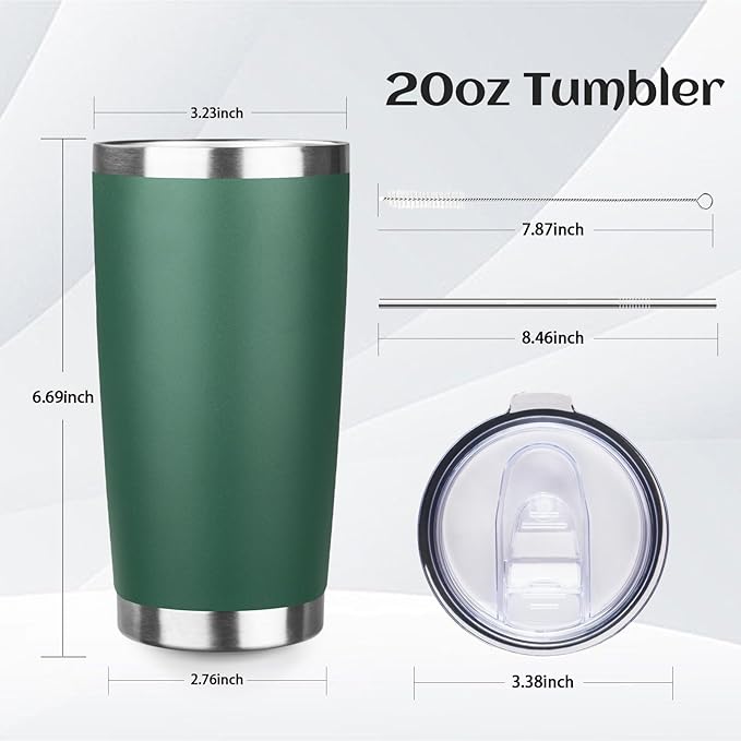 20oz Tumbler Bulk with Lid and Straw, Stainless Steel Double Wall Vacuum Insulated Travel Mug, Powder Coated Coffee Cups for Hot and Cold Drinks,Funny Gifts for Women Men(Dark green,1) - Bloomnest