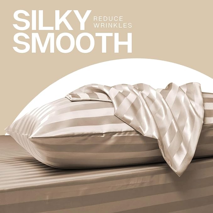MR&HM Satin Pillowcase for Hair and Skin, Silk Satin Pillowcase 2 Pack, Queen Size Pillow Cases Set of 2, Silky Pillow Cover with Envelope Closure (20x30, Champagne Striped) - Bloomnest