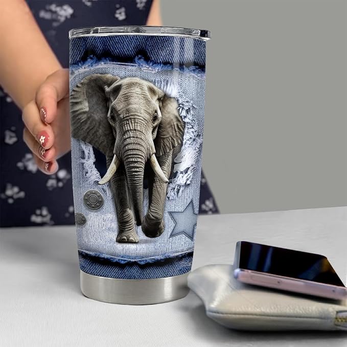 SANDJEST Elephant Tumbler 20oz Stainless Steel Insulated Tumblers Coffee Travel Mug Cup Jeans Drawing Style Elephants Gifts for Women Men Gift for Birthday Christmas - Bloomnest