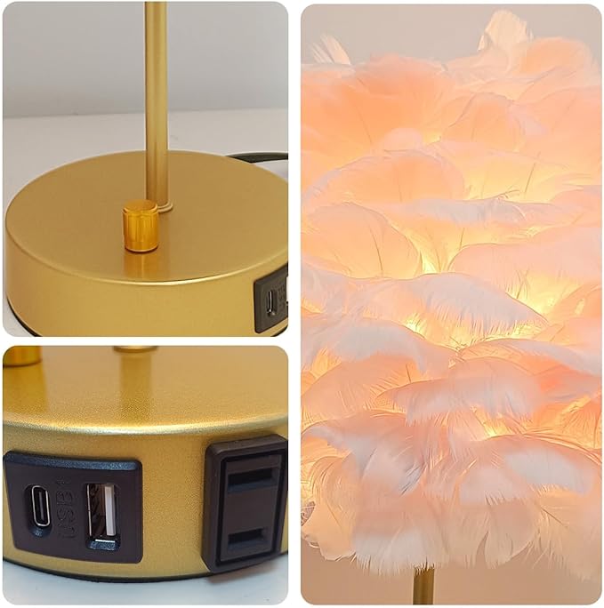 ZYLEIESENBAO Pink Feather USB Charger Table Lamp Feather Bedside Lamp Cute Nightstand Lamp with Outlets Princess Desk Light for Girl Bedroom Living Room Entryway Hotel Wedding Women's Gift Decoration - Bloomnest