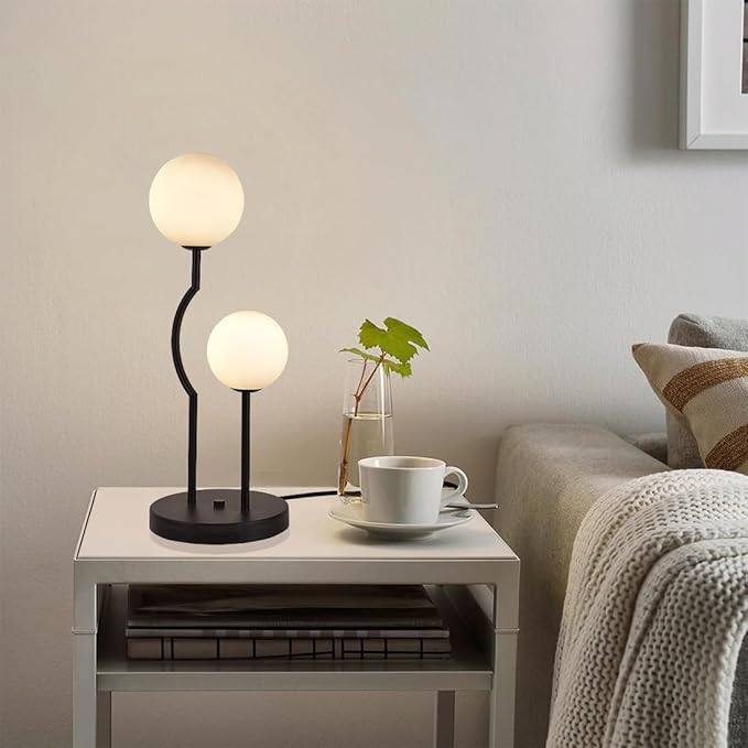 Black Mid Century Globe Table Lamp Industrial Retro 2 Lights Orb Desk Lamp with White Glass Globe Bedside Reading Light for Bedroom Living Room Study Room - Bloomnest