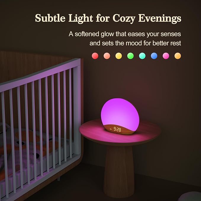 REACHER Wood Grain Sunrise Alarm Clock and Sound Machine Nightlight, Digital Dimmable Clock for Bedroom, 26 Sleep Sounds, White Noise Machine for Baby, Adults, Wake Up Light Alarm Clock for Kids - Bloomnest