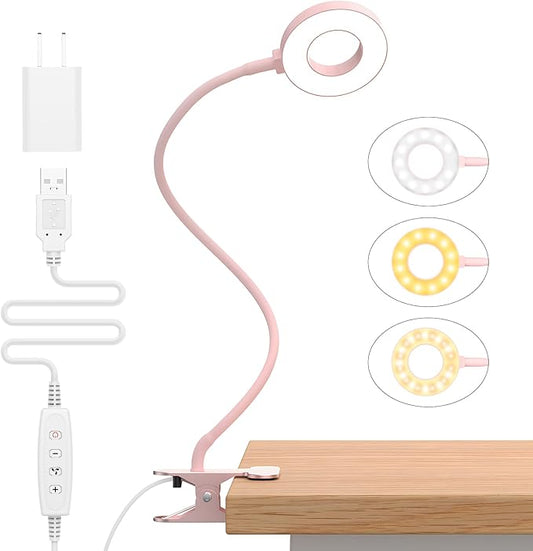 iZELL Desk Lamp, LED Reading Light with Clamp, 3 Color Modes & 10 Brightness Flexible Gooseneck Book Light for Kids Reading Book in Bed at Night Clip on Table, Computer, Zoom Meetings - 27.6‘’ Pink - Bloomnest