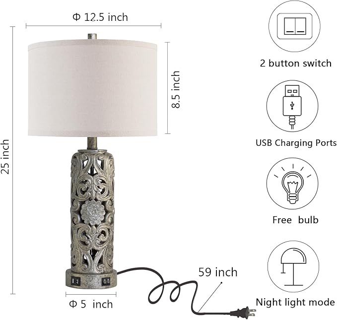 25'' Set of 2 Industrial Table Lamps for Living Room with Dual USB Ports, Vintage Resin Nightstand Lamp for Bedroom with Nightlight, Antique Rustic Desk Lamp for Entryway, 2 Bulbs Included - Bloomnest
