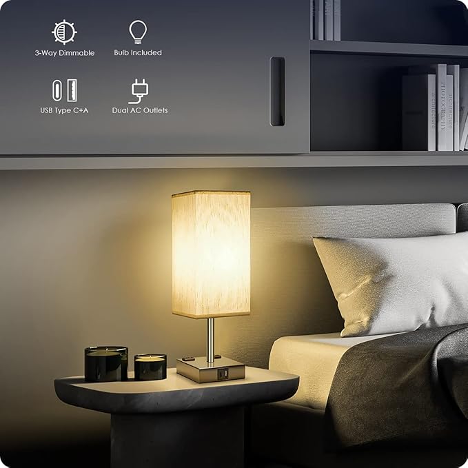 Bedside Lamp with USB Ports - Touch Control Table Lamp for Bedroom with USB C+A Charging Ports & AC Outlets, 3 Way Dimmable Nightstand Light for Living Room (LED Bulb Included, Chrome - Flaxen) - Bloomnest