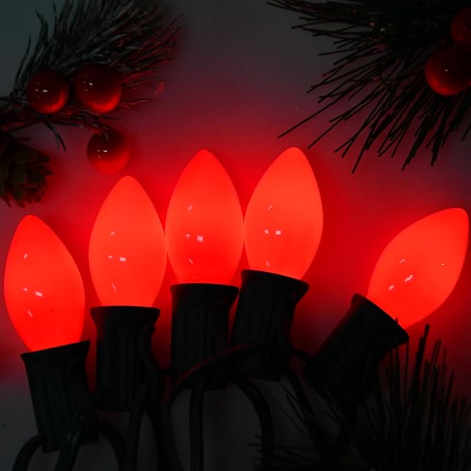 25 Pack C7 Red Ceramic Incandescent Replacement Bulbs, 5W Warm White 2200K, E12 Candelabra Base, Waterproof C7 Night Light Bulbs for Vintage Christmas Lights Outdoor Indoor Home Party Decorations - Bloomnest