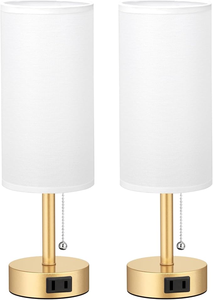Fenmzee Gold Bedside Table Lamps Set of 2-3 Color Temperatures Pull Chain Lamp with AC Outlet Charging Port, Two Round Night Stand Lamps for Bedroom Office Living Room - Bloomnest