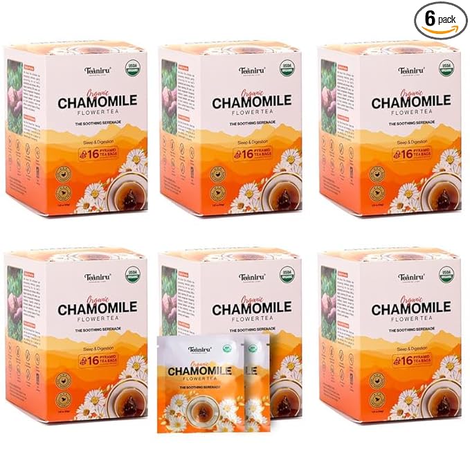 Teaniru, Organic Chamomile Tea - 16 Individual Sachets (Pack of 6) | Caffeine Free Tea For Good Sleep & Digestion | Your Supreherb Cup for Night time | Brew Hot or Iced - Bloomnest