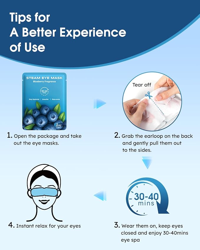 20 Packs Steam Eye Masks for Dry Eyes, Warm Compress Relief for Eye Fatigue & Puffiness, Sleep Heated Eye Mask, Disposable Travel Essentials, Spa Relaxation Gift Women, Party Favors Adults, Blueberry - Bloomnest