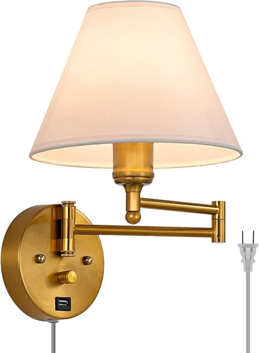 Swing Arm Wall Sconces, Plug-in Wall lamp,Bedroom Wall lamp ， White Fabric Shade，，with dimmable Switch and USB Charging Port, Suitable for Bedside, Living Room, Reading (Golden) - Bloomnest