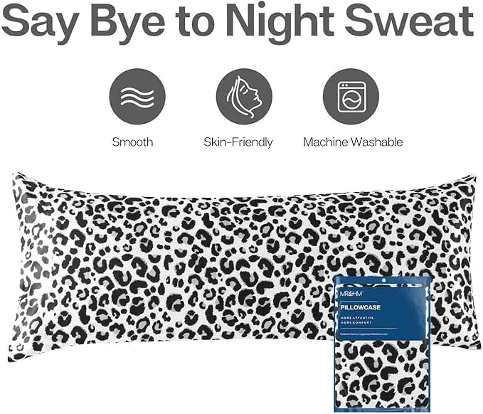MR&HM Satin Body Pillow Cover, Soft and Breathable Body Pillow Case with Envelope Closure, Cooling and Silky Long Pillowcase for Hair and Skin,Grey (20x54, White Leopard) - Bloomnest