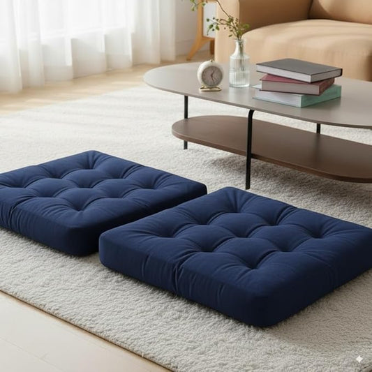 Velvet Floor Pillow Set of 2, Square Large Pillows Seating for Adults, Navy Tufted Cushions for Meditation, Yoga Tatami Living Room Chair, Machine-Washable & Dryer-Safe, Navy, 22x22 Inch - Bloomnest