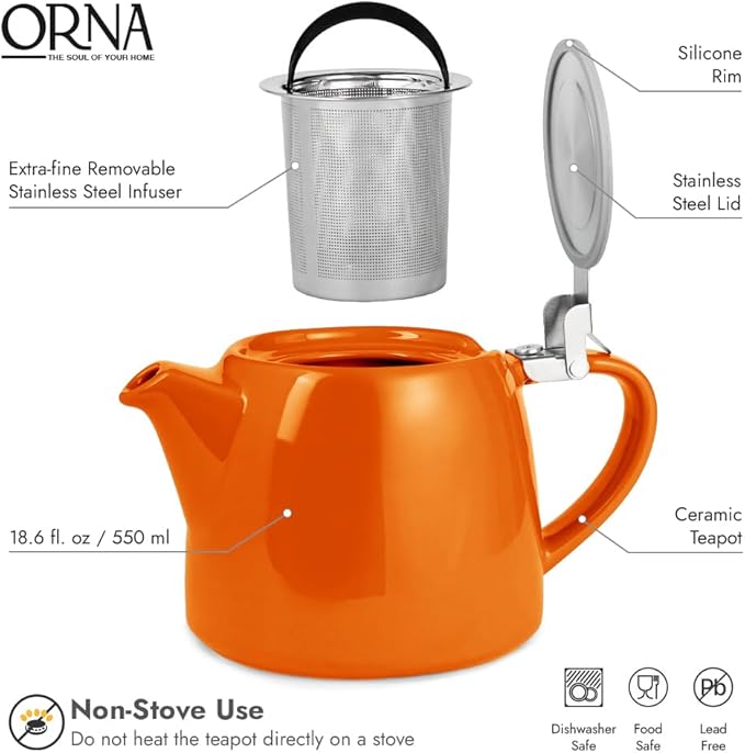 ORNA Ceramic Teapot with Tea Infuser – Small Tea Pot for Loose Leaf Tea – 550ml / 18.6 Oz Porcelain Non-Stove Teapot for 2 Cups with Tea Strainer (Orange) - Bloomnest