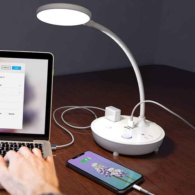 Bodun LED Desk Lamp with 2 USB Charging Port and 2 AC Power Outlet - Adjustable Gooseneck, 3 Level Brightness, Eye-Caring Small White Table Lamp for Home Office College Dorm Room Essentials - Bloomnest