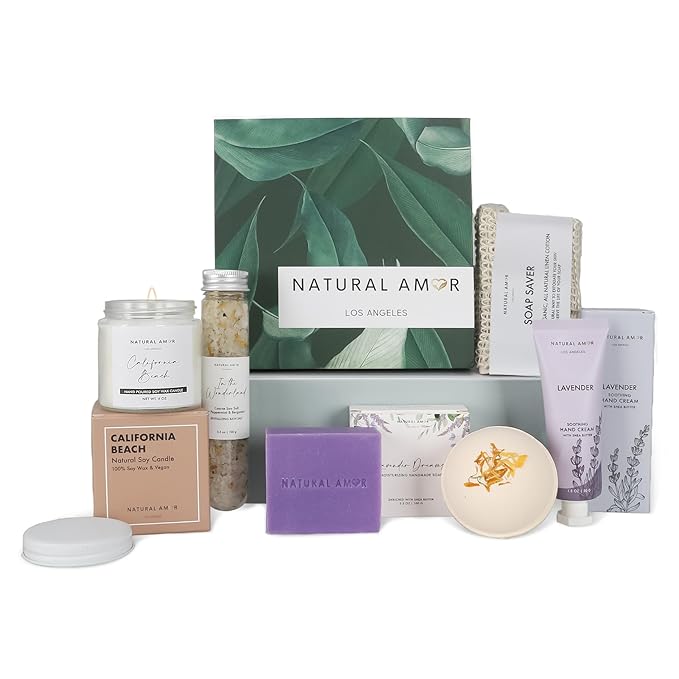Natural Amor Handmade Spa Gift Set 6 pcs– Includes Citrus Bath Bomb, Lavender Hand Cream, Soap, Bath Salt, Candle – Relaxing Self-Care Kit for Women - Bloomnest