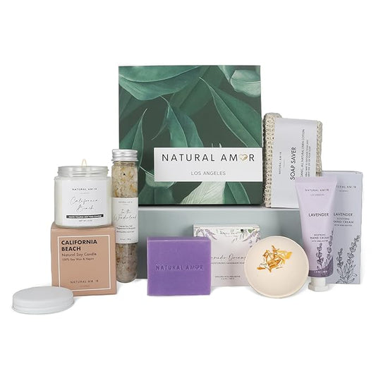 Natural Amor Handmade Spa Gift Set 6 pcs– Includes Citrus Bath Bomb, Lavender Hand Cream, Soap, Bath Salt, Candle – Relaxing Self-Care Kit for Women - Bloomnest