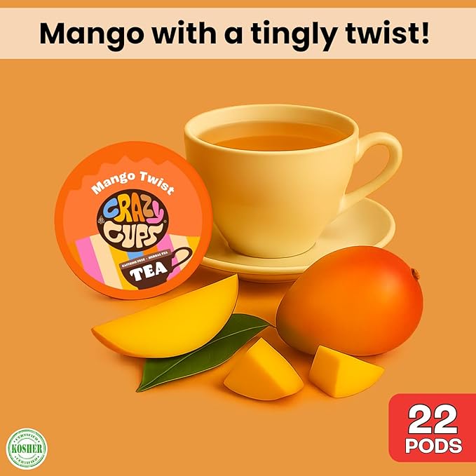 Crazy Cups Mango Twist Herbal Tea Pods, 22 Count | Caffeine Free, Kosher Certified, Fruity Tropical Chamomile Blend with Ginger & Hibiscus, K Cup Compatible, Vegan, Gluten Free Herbal Tea - Bloomnest