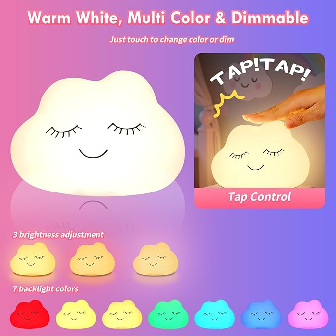 Night Light for Kids, 7 Colors Soft Silicone Kids Night Light with 3 Level Dimmable, Rechargeable Anti-glare Nursery Night Light with Warm White & Multicolor, Squishy Cute Cloud Bedside Touch Lamp - Bloomnest