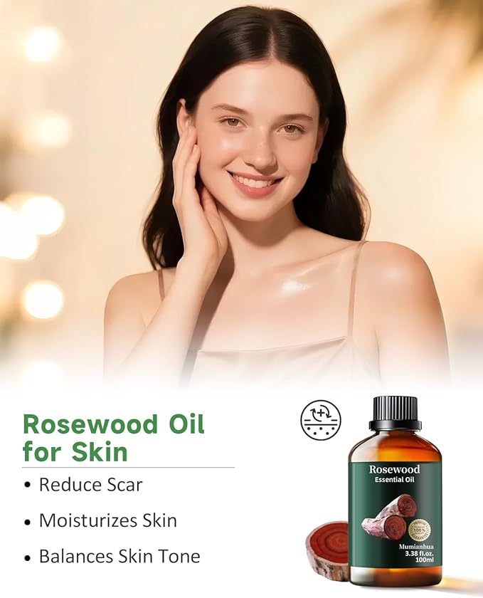 Rosewood Essential Oil Pure, Mumianhua Natural Organic Pure Premium Therapeutic Rosewood Oils for Skin, Body, Hair Care, Diffuser, Candle, Soap, Making, DIY, Massage 3.38 Fl Oz - Bloomnest