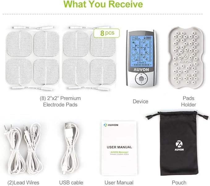 AUVON Rechargeable TENS Unit Muscle Stimulator, 24 Modes 4th Gen TENS Machine with 8pcs 2"x2" Premium Electrode Pads for Pain Relief AUVON