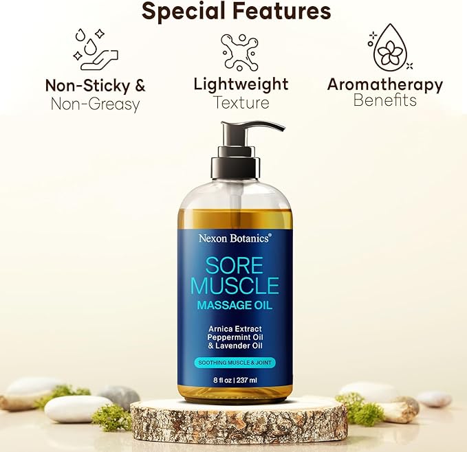 Sore Muscle Massage Oil for Massage Therapy 8 fl oz - Refreshing and Relaxing - Natural Oils with Arnica, Peppermint and Lavender Oil - for Men and Women - Nexon Botanics - Bloomnest