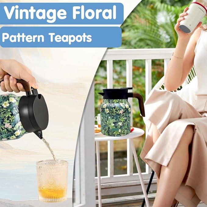 Vintage Floral Pattern Tea Pots – Built-in Infuser,Vintage Floral Teapot with Built In Infuser Stainless Steel Thermal Carafe with Lid for Hot Drinks(Wooden handle,35oz)