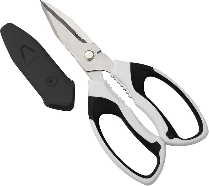 8-Inch Heavy Duty Utility Scissors All Purpose, Serrated Blade, White Comfort Grip for Cutting Carpet, Cardboard, Leather, Fabric, Multipurpose Sharp Shears for Kitchen, Garden, Office, Carft - Bloomnest