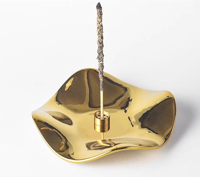 6.7 "Ceramic Incense Burner for Incense/Coil,Wavy Base with Brass -Incense Holder for Sticks,with Ash Catching Bowl for Meditation Yoga and Home Decoration (Gold)