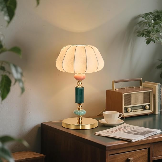 Modern White Fabric Table Lamp Plug in Metal Base Desk Light with Plug Cord Switch for Bedroom Bedside Living Room - Bloomnest