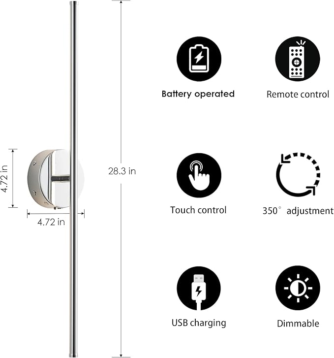 Battery Operated Wall Sconces with Remote Control, Dimmable Wall Sconces Set of Two, 350°Rotate, 3000K LED Chrome Wireless Wall Light for Living Room, Bedroom, Hallway, 28.3 Inch (2 Pack) - Bloomnest
