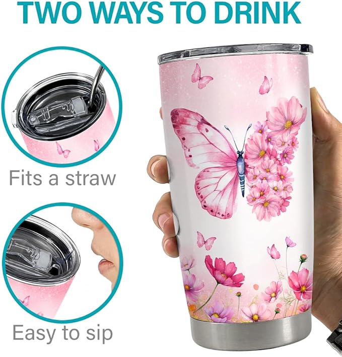 SANDJEST Butterfly Tumbler 20oz Butterfly Gifts for Women Girl Teen Stainless Steel Insulated Tumblers Coffee Travel Cup Mug Gift for Birthday Christmas - Bloomnest