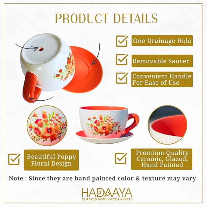 7.5" Round Ceramic Teacup Shape Planter Pot with Saucer for Succulents Orchids Herbs Cactus Indoor Houseplants Flowers for Home Garden and Event Decor – Orange Poppy Floral - Bloomnest