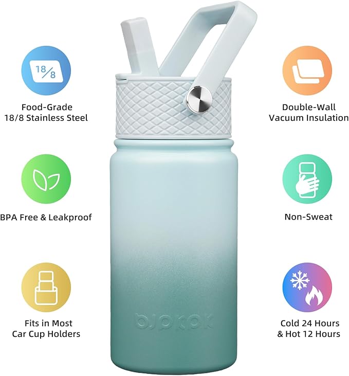 BJPKPK Insulated Water Bottle with Straw Lid, 15oz Cute Water Bottles, Stainless Steel Metal Thermo, Reusable BPA Free Leak Proof Tumblers, Cups,Milk Blue - Bloomnest