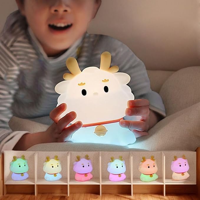 Night Light for Kids, 7 Color Changing BPA-Free Silicone Lamp with Touch Control, Eye Protection, Rechargeable Battery, Soft & Safe Nursery Lamp for Boys & Girls (Dragon) - Bloomnest