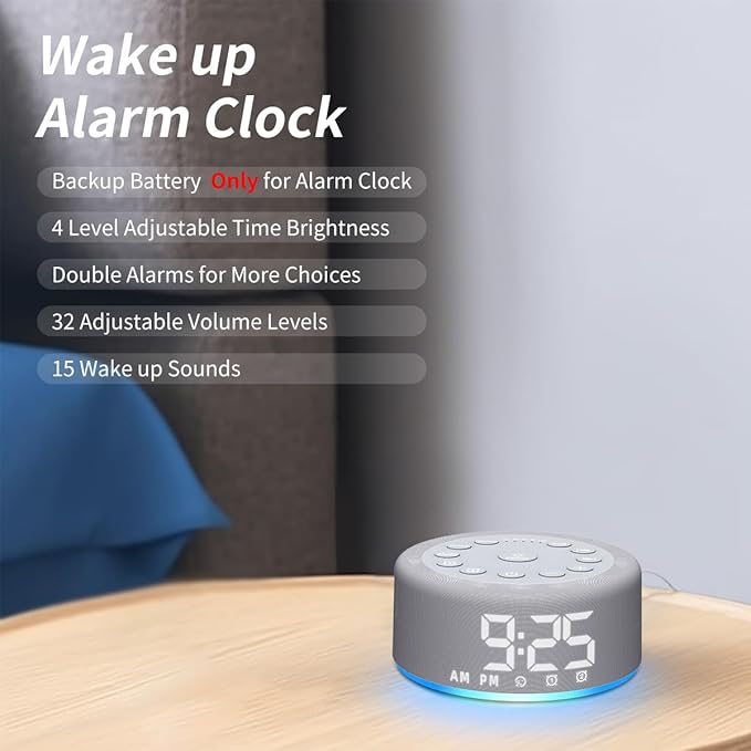 Sound Machine Alarm Clock Brown Noise White Noise Machine Night Light with Dual Alarms Backup Battery 30 Sleeping Sounds for Baby Kids Adults 32 Level Volume 5 Timers 15 Wake Up Sounds Memory Function - Bloomnest
