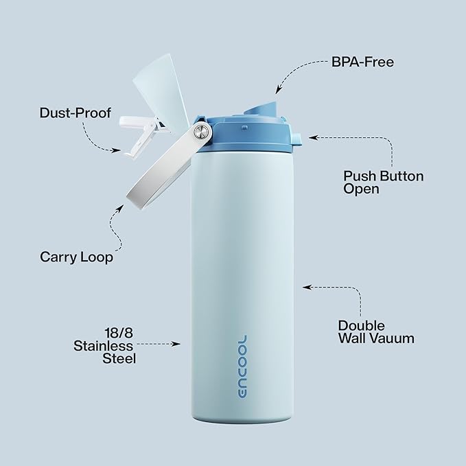 Insulated Water Bottle with Straw - Encool Stainless Steel Water Bottle with Push Button Lid, Leak-Proof & BPA-Free, Keeps Cold for 24 Hours for Sports, Travel, Gym (24 oz, Jungle Mist) ENCOOL