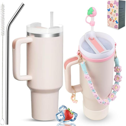 40 oz Tumbler Insulated Mug w/Straw & Flip Cap Lids - Cup Holder Bottle with 6 Accessories Set for Hot, Cold Drink - Leak-Proof - Water, Coffee Portable Travel Mug (Pink Gold) - Bloomnest
