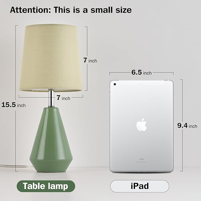 Small Bedside Table Lamp for Bedroom - Reading Desk Lamp with 3 Color Temperatures，15.5" Nightstand Ceramic Lamp with Fabric Shade for Kids Room,Living Room,Dorm,Home Office (Green) - Bloomnest