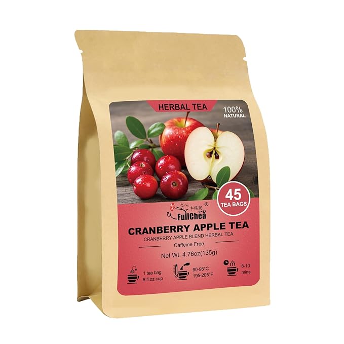 Fullchea - Cranberry Apple Tea, 45 Teabags - Cranberry Tea with Apple, Hibiscus, Rose & Licorice – Naturally Sweet & Tart - Non-GMO - Caffeine-Free - Wellness Support - Bloomnest