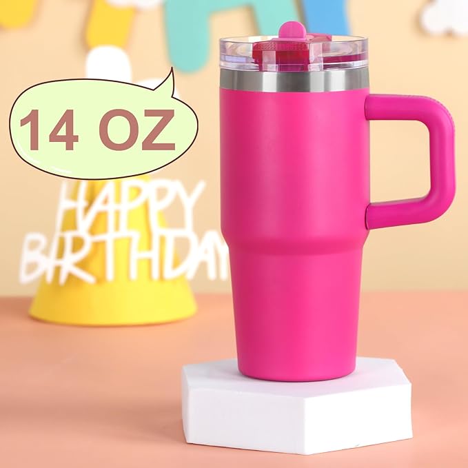 Cosictic 14 Oz Flip Straw Tumbler with Handle for Kids, Stainless Steel Double Wall Insulated Cup for Children with Flip Top Lid, 14 Oz Leak-proof Cups for Kids, Hot Pink - Bloomnest