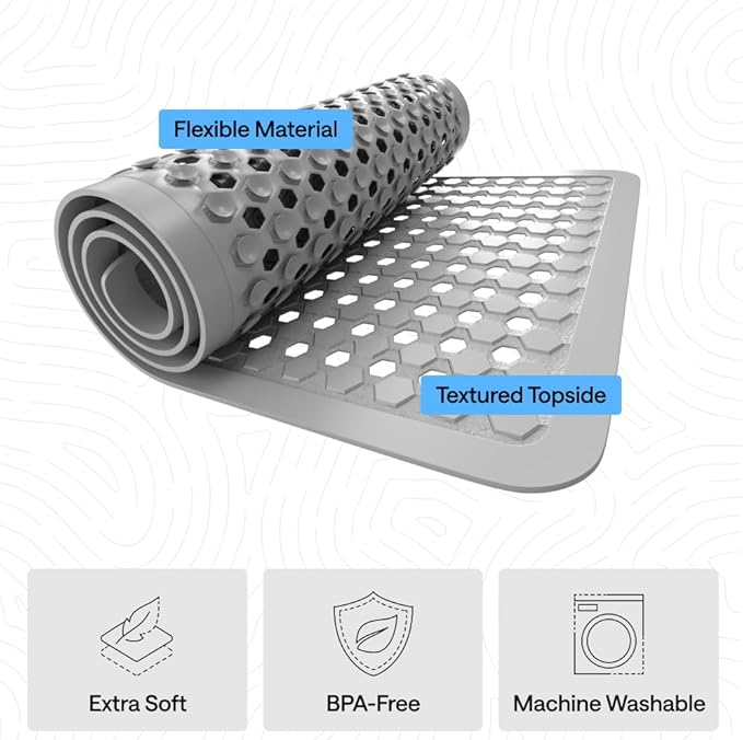 GORILLA GRIP Patented Bath Tub Shower Mat, Machine Washable Bathtub Floor Liner Mats, Suction Cups and Drain Holes to Keep Tubs Clean, Soft on Feet, Bathroom Essentials, 35x16 Inch, Gray Opaque - Bloomnest