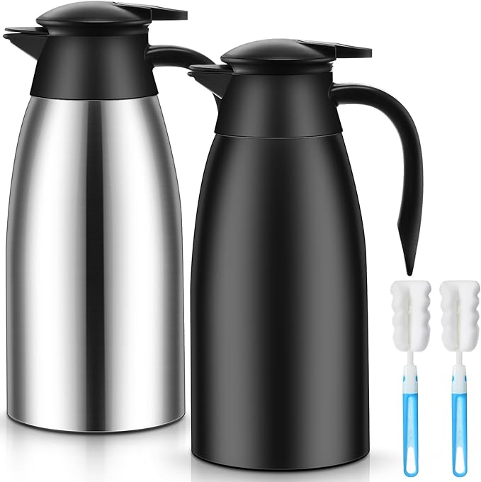 Norme 2 Pcs Thermal Coffee Carafe Insulated Stainless Steel Coffee Carafe for Hot Liquid Vacuum Thermal Pot Creamer Pitcher Dispenser with Brushes Keeping Hot Water Milk(Black, Silver,68 oz) - Bloomnest