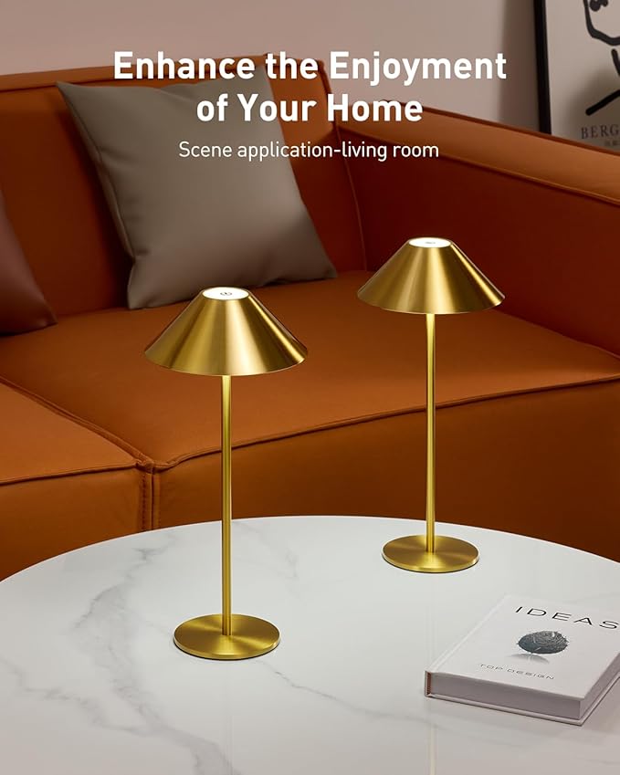 Bojim Gold Cordless Lamp Set of 2, Rechargeable Touch Table Lamps with 3 Color Dimming, Portable Wireless Lamps for Reading/Home Decor - Bloomnest