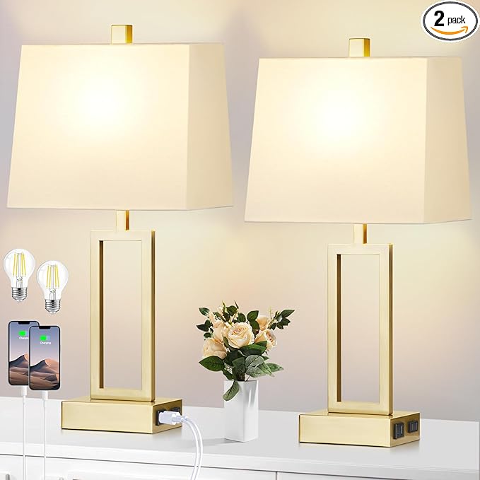 23.5" Touch Control Table Lamps, Metal Bedside Lamp for Bedroom Set of 2 with USB A+C Ports & AC Outlet, 3-Way Dimmable Nightstand Lamp for Living Room (LED Bulb Included) - Bloomnest