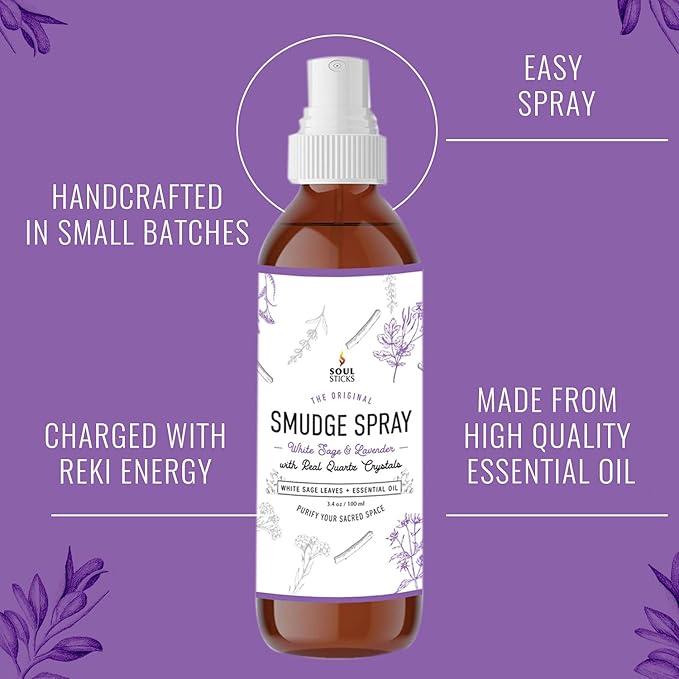 SOUL STICKS White Sage & Lavender Smudge Spray – 3.5oz Smokeless Mist with Quartz Crystals – Calming Essential Oil Spray for Sleep, Stress Relief, Meditation, and Energy Cleansing SoulSticks