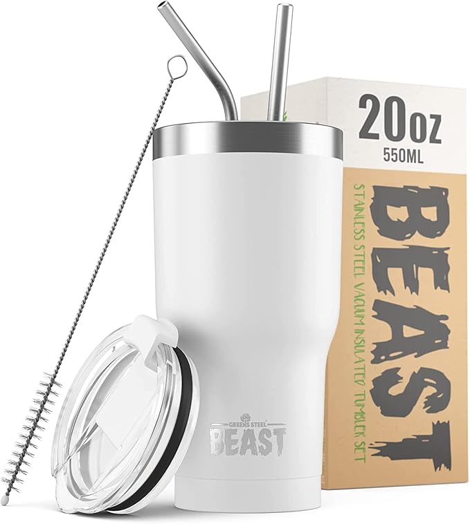 Beast 20 oz Tumbler Stainless Steel Vacuum Insulated Coffee Ice Cup Double Wall Travel Flask (Arctic White) - Bloomnest